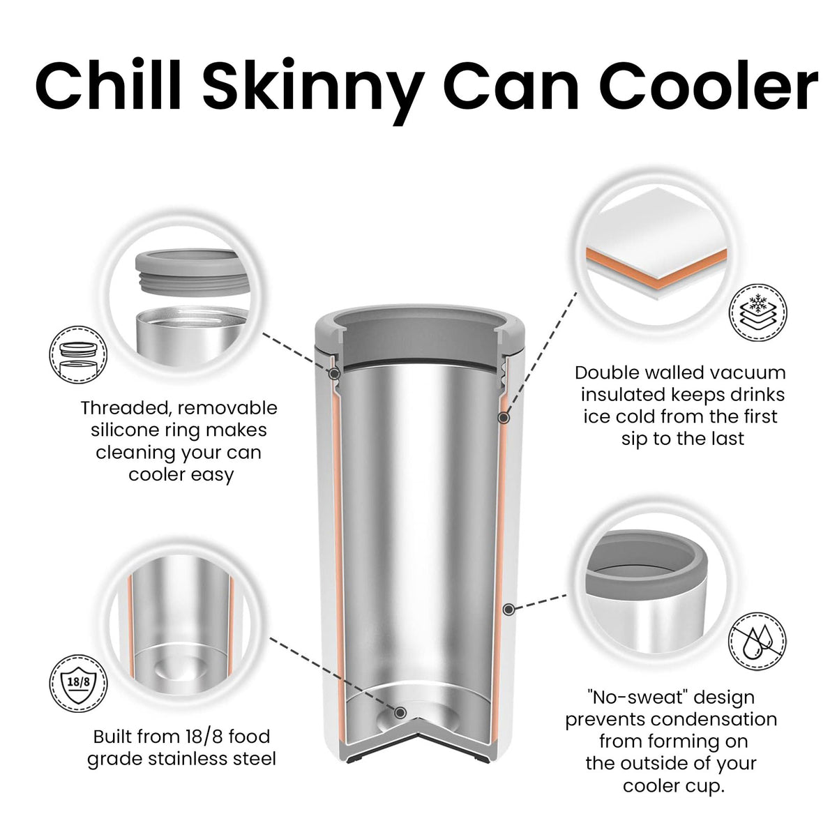 Chill - Double Wall Stainless 12oz Skinny Can Cooler